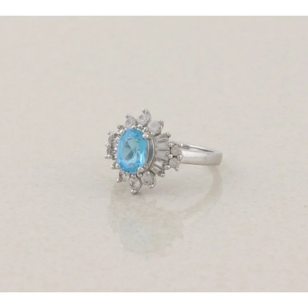 Sterling Silver Natural Blue Topaz and White Topaz Ring Ballerina Ring Size 7 - Picture 5 of 8
